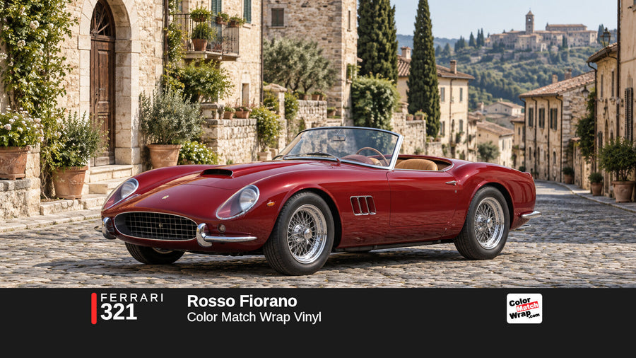Illustrative 250 GT California-inspired spider in Ferrari 321 Rosso Fiorano with Color Match Wrap branding