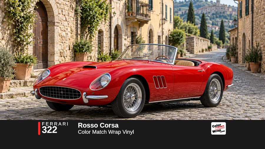 Illustrative 250 GT California-inspired spider in Ferrari 322 Rosso Corsa with Color Match Wrap branding