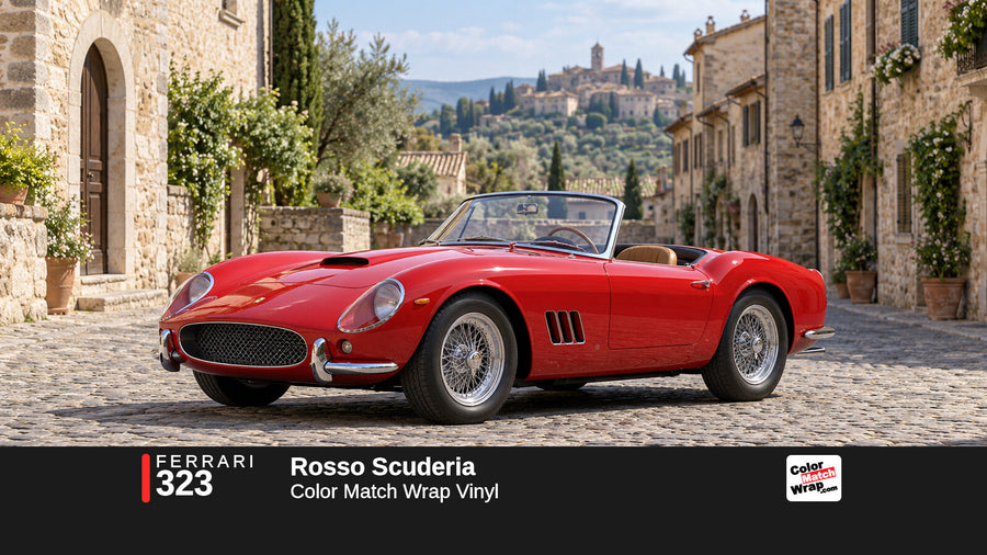 Illustrative 250 GT California-inspired spider in Ferrari 323 Rosso Scuderia with Color Match Wrap branding