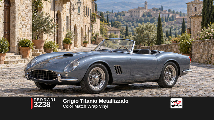 Illustrative 250 GT California-inspired spider in Ferrari 3238 Grigio Titanio Metallizzato with Color Match Wrap branding