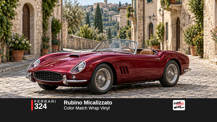 Illustrative 250 GT California-inspired spider in Ferrari 324 Rubino Micalizzato with Color Match Wrap branding