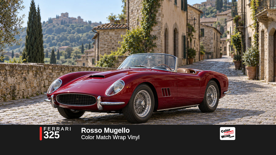 Illustrative 250 GT California-inspired spider in Ferrari 325 Rosso Mugello with Color Match Wrap branding