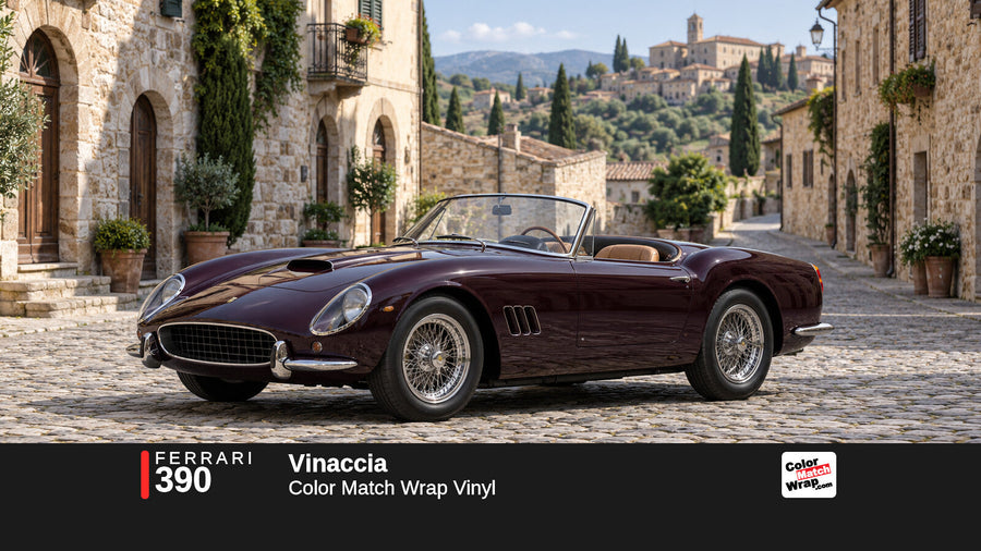Illustrative 250 GT California-inspired spider in Ferrari 390 Vinaccia with Color Match Wrap branding