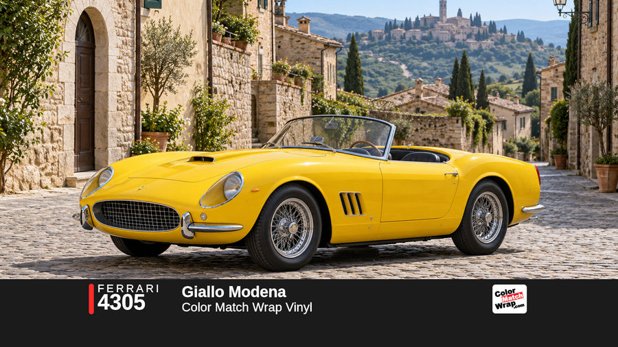 Illustrative 250 GT California-inspired spider in Ferrari 4305 Giallo Modena with Color Match Wrap branding
