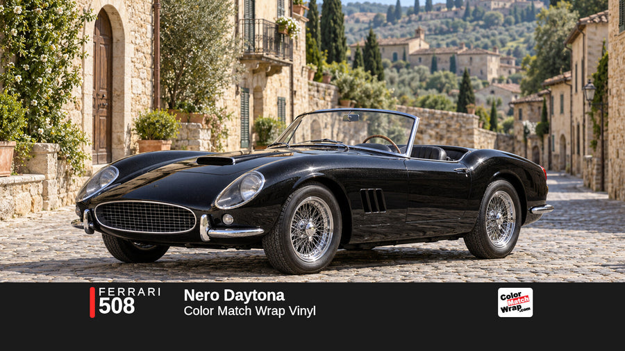 Illustrative 250 GT California-inspired spider in Ferrari 508 Nero Daytona with Color Match Wrap branding