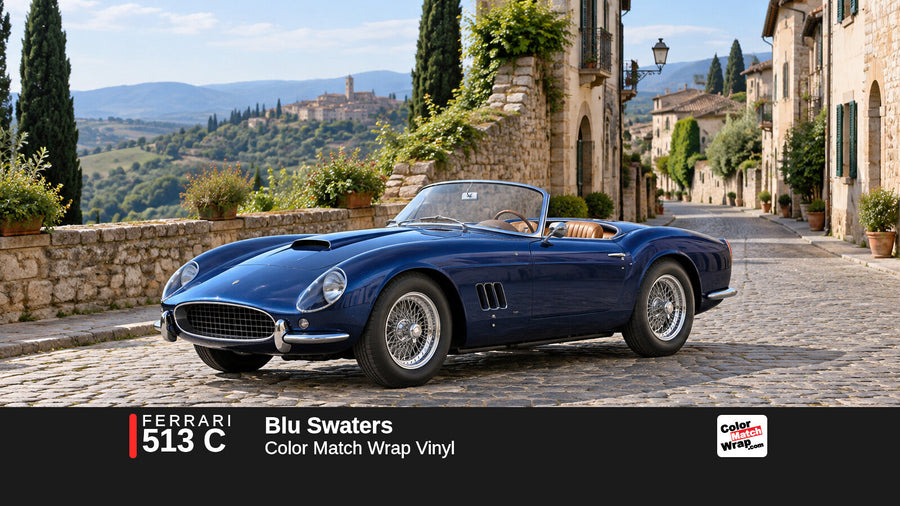 Illustrative 250 GT California-inspired spider in Ferrari 513 C Blu Swaters with Color Match Wrap branding