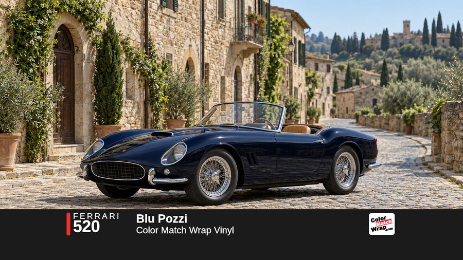 Illustrative 250 GT California-inspired spider in Ferrari 520 Blu Pozzi with Color Match Wrap branding