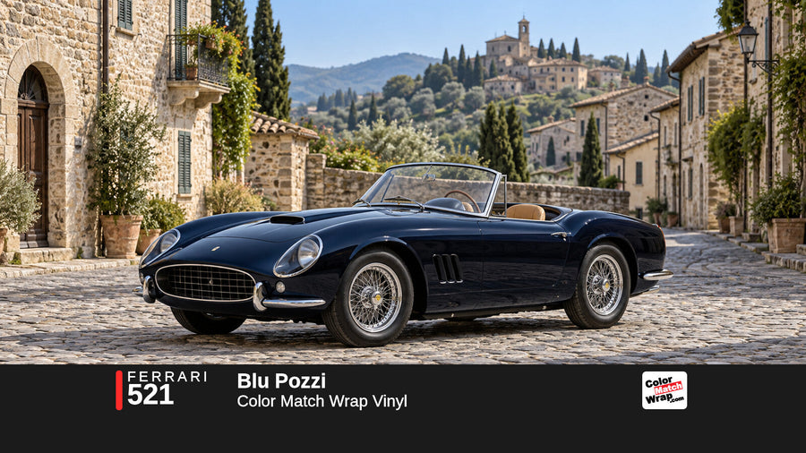 Illustrative 250 GT California-inspired spider in Ferrari 521 Blu Pozzi with Color Match Wrap branding