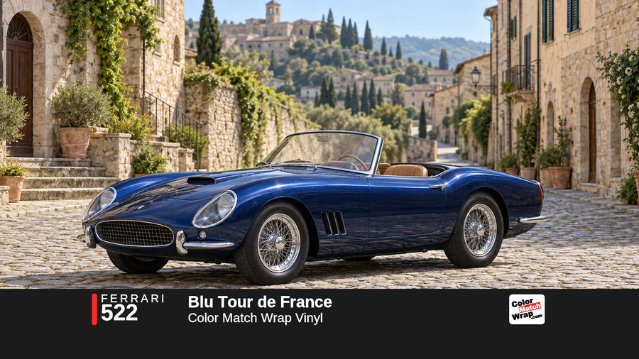 Illustrative 250 GT California-inspired spider in Ferrari 522 Blu Tour de France with Color Match Wrap branding