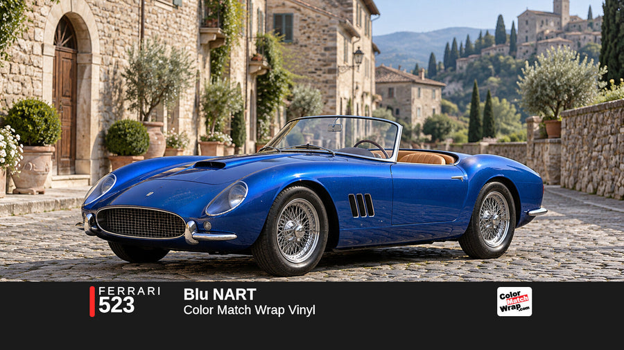 Illustrative 250 GT California-inspired spider in Ferrari 523 Blu NART with Color Match Wrap branding
