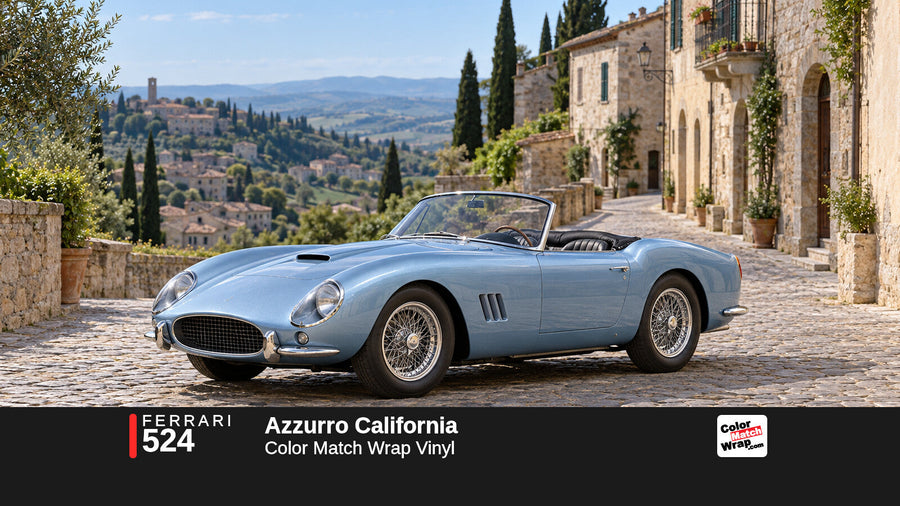 Illustrative 250 GT California-inspired spider in Ferrari 524 Azzurro California with Color Match Wrap branding