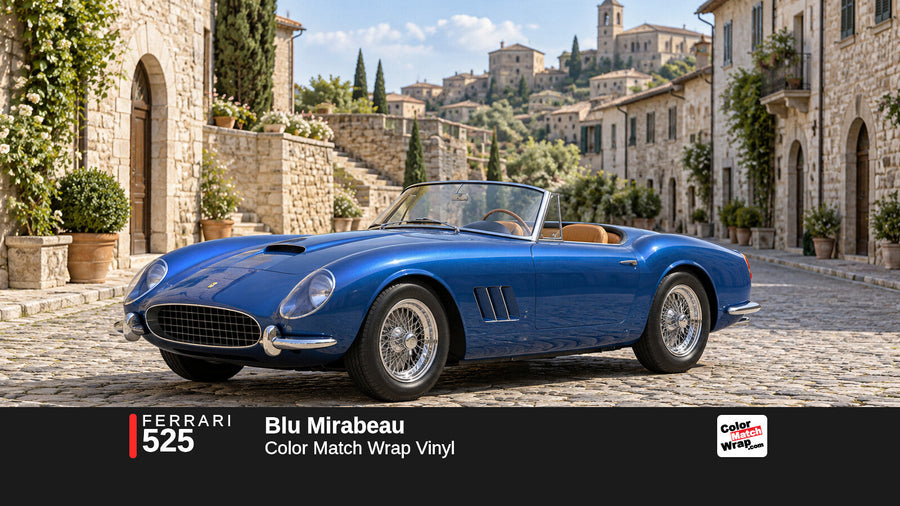 Illustrative 250 GT California-inspired spider in Ferrari 525 Blu Mirabeau with Color Match Wrap branding