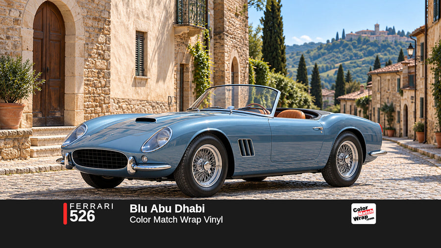 Illustrative 250 GT California-inspired spider in Ferrari 526 Blu Abu Dhabi with Color Match Wrap branding