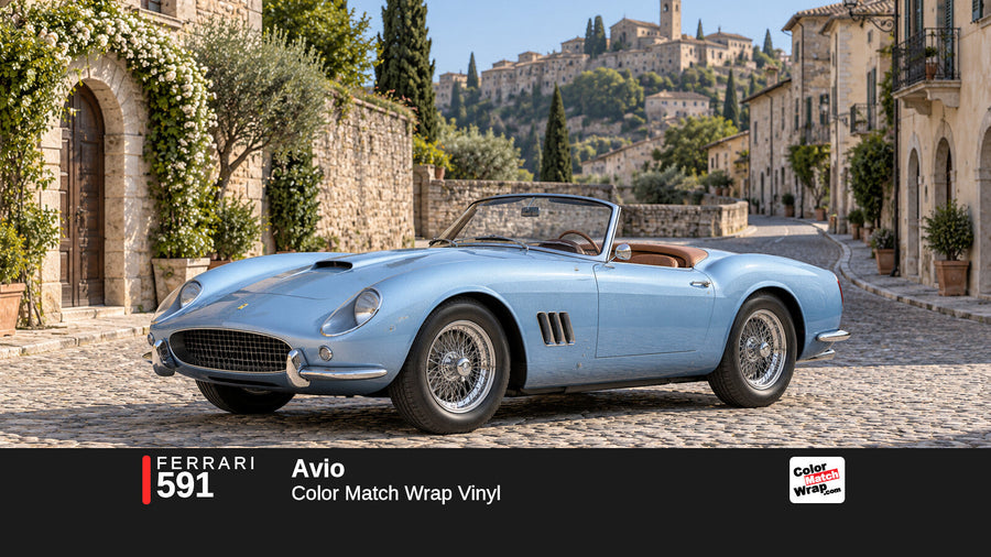 Illustrative 250 GT California-inspired spider in Ferrari 591 Avio with Color Match Wrap branding