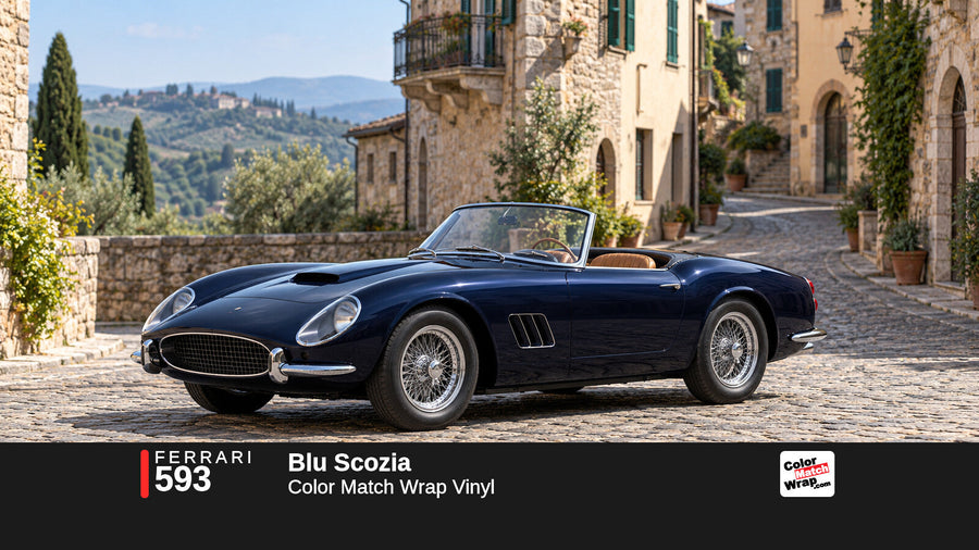 Illustrative 250 GT California-inspired spider in Ferrari 593 Blu Scozia with Color Match Wrap branding