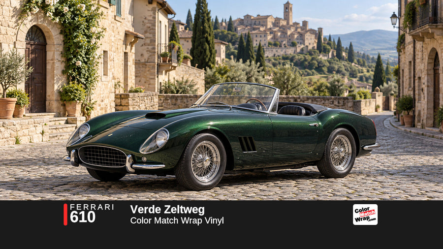Illustrative 250 GT California-inspired spider in Ferrari 610 Verde Zeltweg with Color Match Wrap branding
