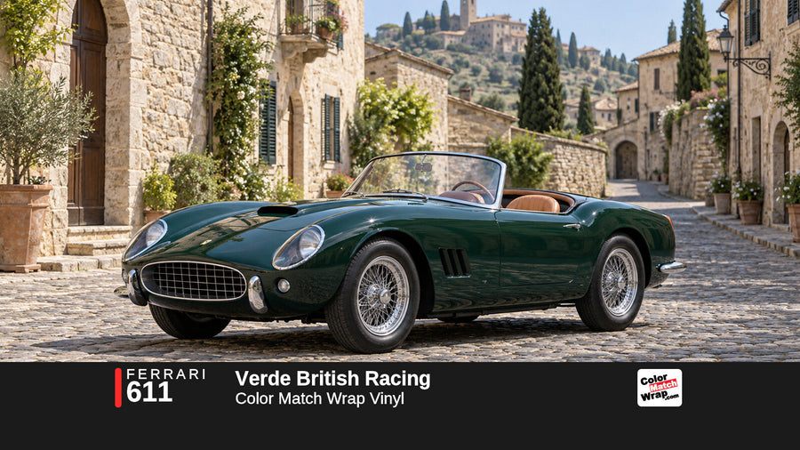 Illustrative 250 GT California-inspired spider in Ferrari 611 Verde British Racing with Color Match Wrap branding