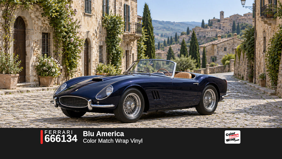 Illustrative 250 GT California-inspired spider in Ferrari 666134 Blu America with Color Match Wrap branding