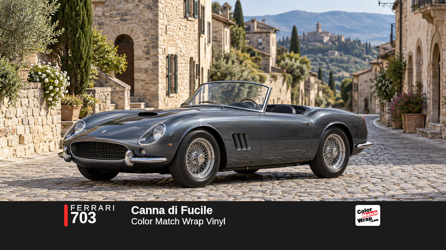 Illustrative 250 GT California-inspired spider in Ferrari 703 Canna di Fucile with Color Match Wrap branding