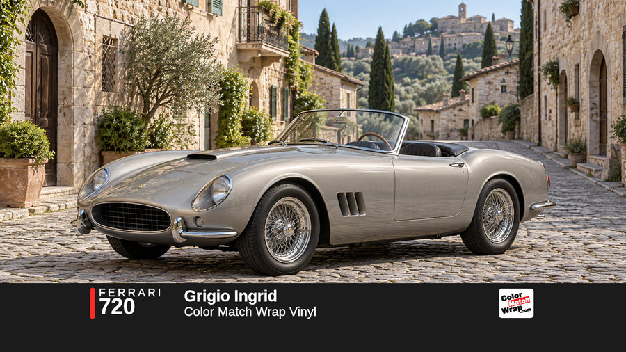 Illustrative 250 GT California-inspired spider in Ferrari 720 Grigio Ingrid with Color Match Wrap branding