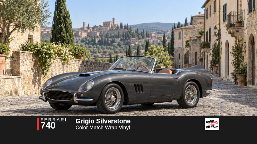 Illustrative 250 GT California-inspired spider in Ferrari 740 Grigio Silverstone with Color Match Wrap branding