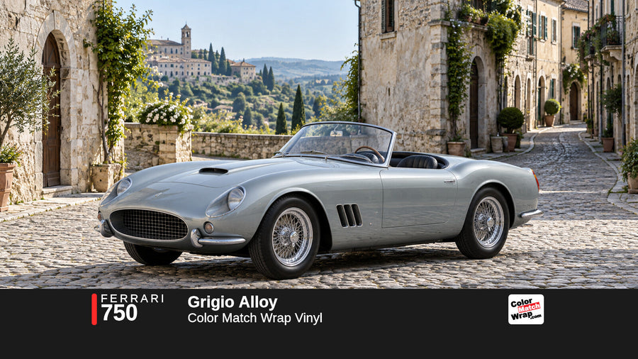Illustrative 250 GT California-inspired spider in Ferrari 750 Grigio Alloy with Color Match Wrap branding