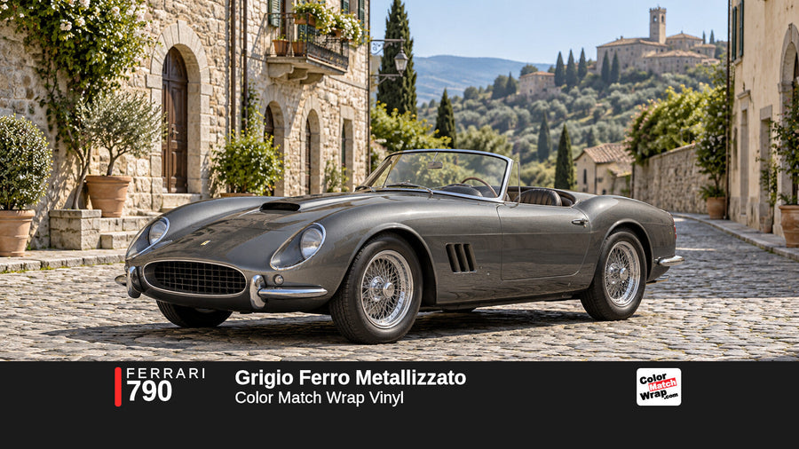 Illustrative 250 GT California-inspired spider in Ferrari 790 Grigio Ferro Metallizzato with Color Match Wrap branding