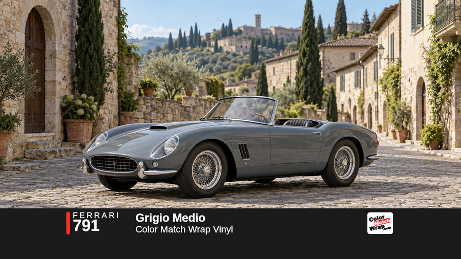Illustrative 250 GT California-inspired spider in Ferrari 791 Grigio Medio with Color Match Wrap branding