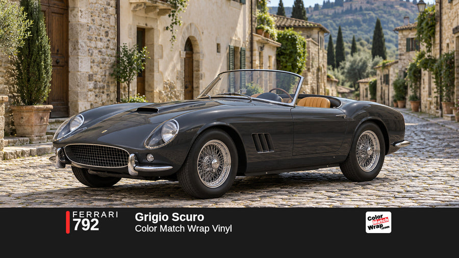 Illustrative 250 GT California-inspired spider in Ferrari 792 Grigio Scuro with Color Match Wrap branding