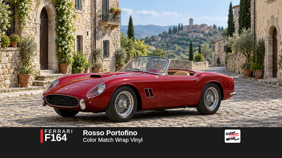 Illustrative 250 GT California-inspired spider in Ferrari F164 Rosso Portofino with Color Match Wrap branding