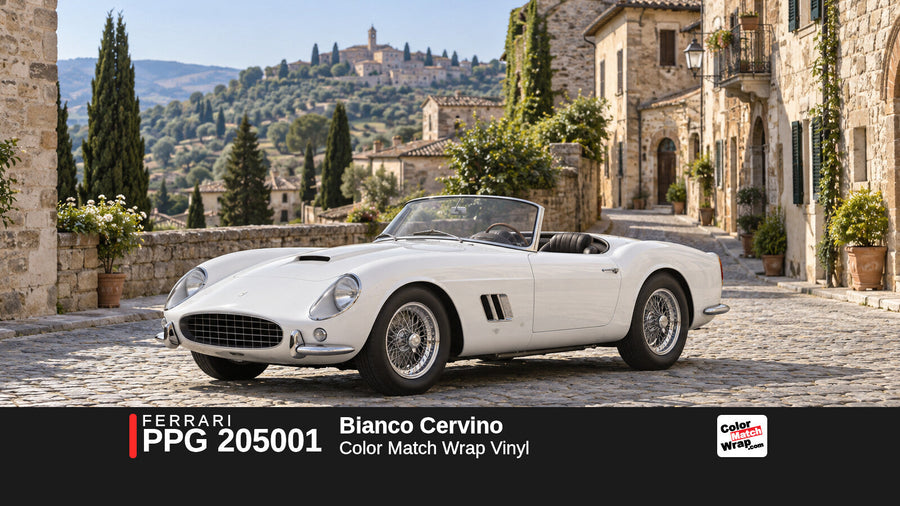 Illustrative 250 GT California-inspired spider in Ferrari PPG 205001 Bianco Cervino with Color Match Wrap branding