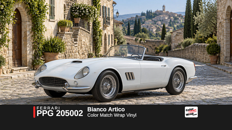 Illustrative 250 GT California-inspired spider in Ferrari PPG 205002 Bianco Artico with Color Match Wrap branding