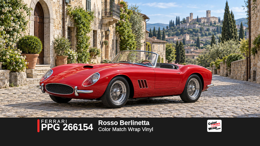 Illustrative 250 GT California-inspired spider in Ferrari PPG 266154 Rosso Berlinetta with Color Match Wrap branding