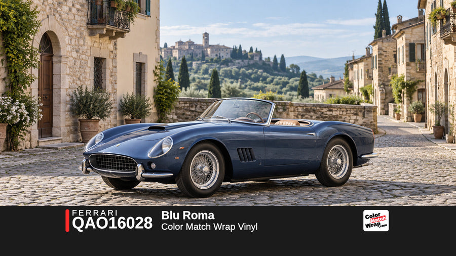 Illustrative 250 GT California-inspired spider in Ferrari QAO16028 Blu Roma with Color Match Wrap branding