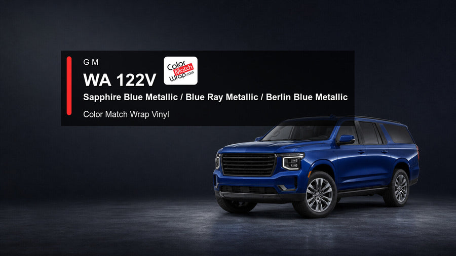 Generic full-size SUV in GM WA 122V Sapphire Blue Metallic and Blue Ray Metallic and Berlin Blue Metallic with Color Match Wrap vinyl article branding