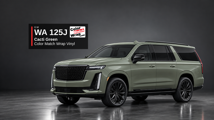 Illustrative Escalade-inspired full-size luxury SUV in GM WA 125J Cacti Green with Color Match Wrap branding
