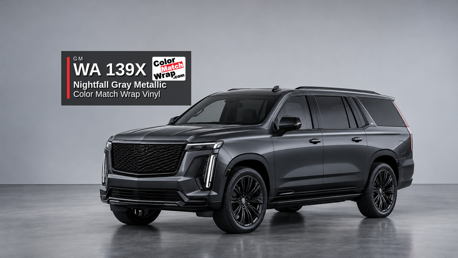 Illustrative Escalade-inspired full-size luxury SUV in GM WA 139X Nightfall Gray Metallic / Graphite Gray Metallic with Color Match Wrap branding