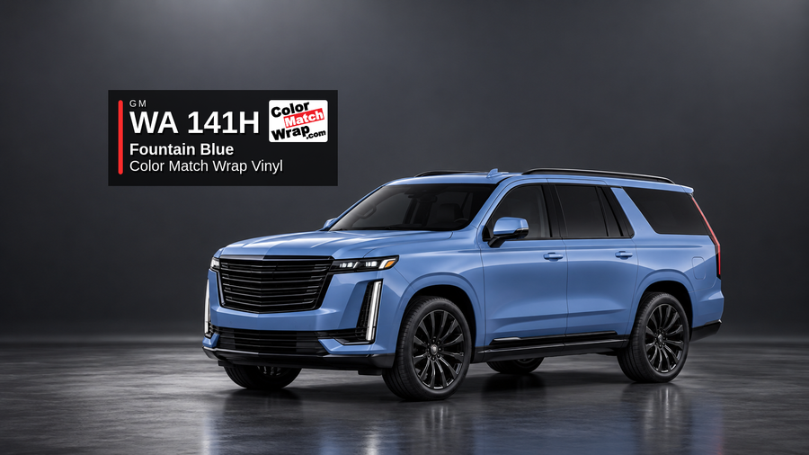 Illustrative Escalade-inspired full-size luxury SUV in GM WA 141H Fountain Blue with Color Match Wrap branding