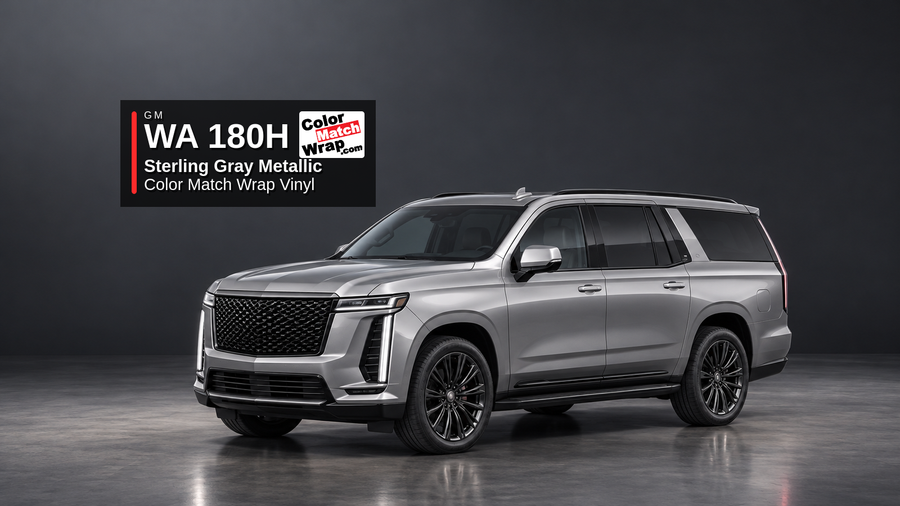 Illustrative Escalade-inspired full-size luxury SUV in GM WA 180H Sterling Gray Metallic / Moonstone Gray Metallic with Color Match Wrap branding