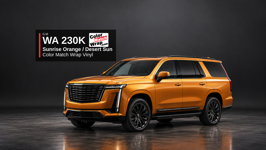 Illustrative Escalade-inspired full-size luxury SUV in GM WA 230K Sunrise Orange / Desert Sun with Color Match Wrap branding