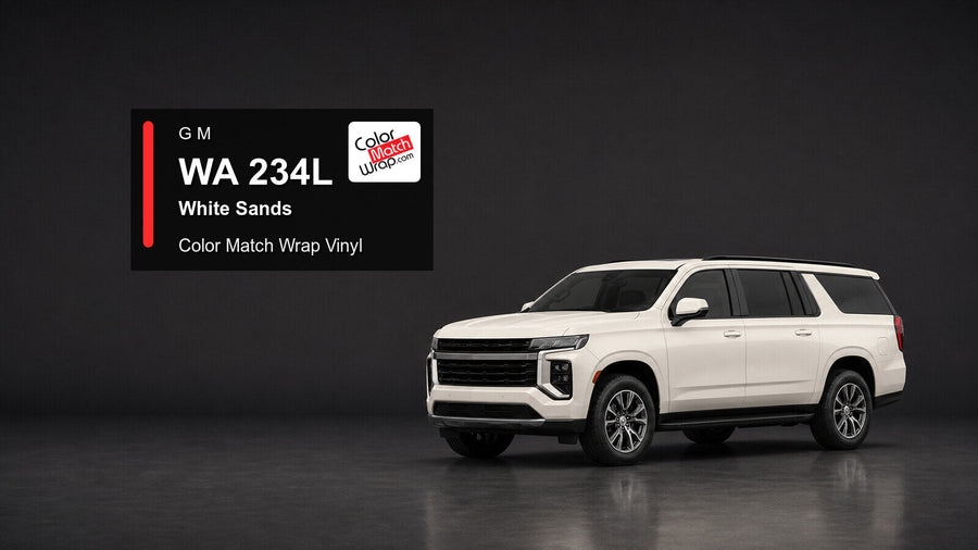 Generic full-size SUV in GM WA 234L White Sands with Color Match Wrap vinyl article branding