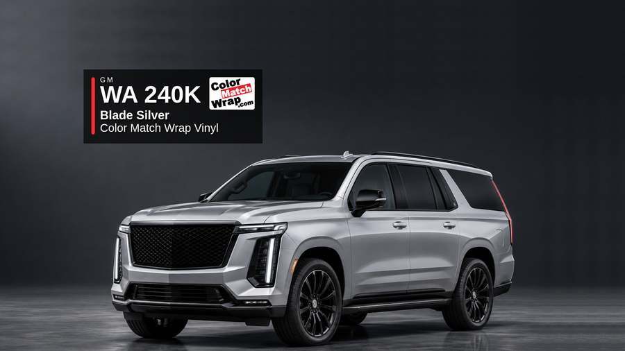 Illustrative Escalade-inspired full-size luxury SUV in GM WA 240K Blade Silver Metallic with Color Match Wrap branding