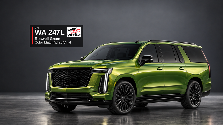 Illustrative Escalade-inspired full-size luxury SUV in GM WA 247L Roswell Green Metallic with Color Match Wrap branding