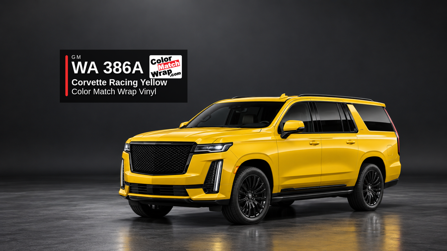 Illustrative Escalade-inspired full-size luxury SUV in GM WA 386A Corvette Racing Yellow Tintcoat with Color Match Wrap branding