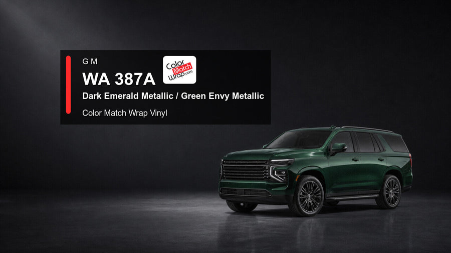 Generic full-size SUV in GM WA 387A Dark Emerald Metallic and Green Envy Metallic with Color Match Wrap vinyl article branding