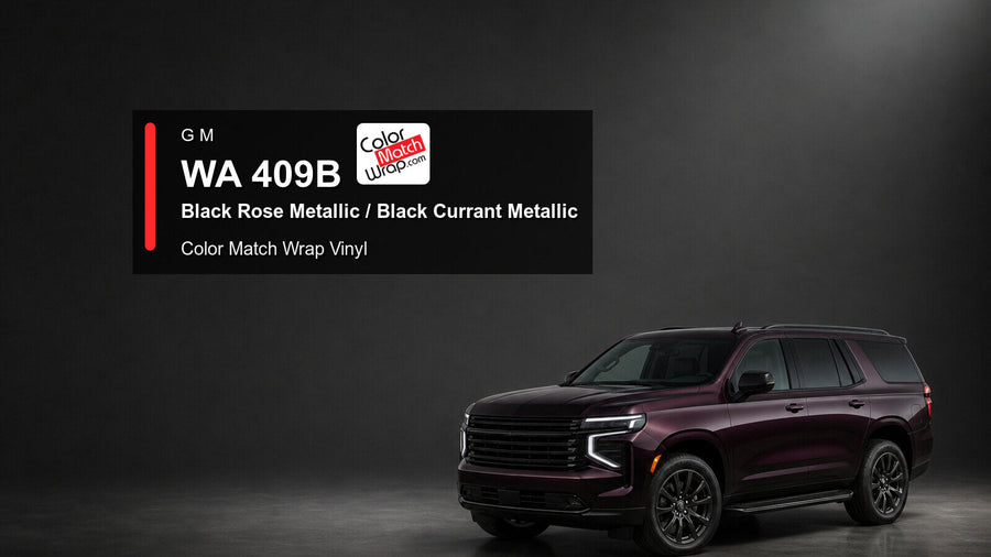Generic full-size SUV in GM WA 409B Black Rose Metallic and Black Currant Metallic with Color Match Wrap vinyl article branding