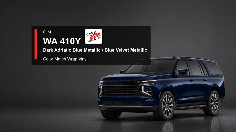 Generic full-size SUV in GM WA 410Y Dark Adriatic Blue Metallic and Blue Velvet Metallic with Color Match Wrap vinyl article branding