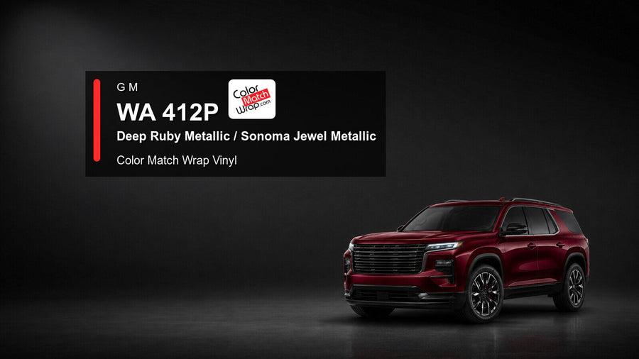 Generic full-size SUV in GM WA 412P Deep Ruby Metallic and Sonoma Jewel Metallic with Color Match Wrap vinyl article branding