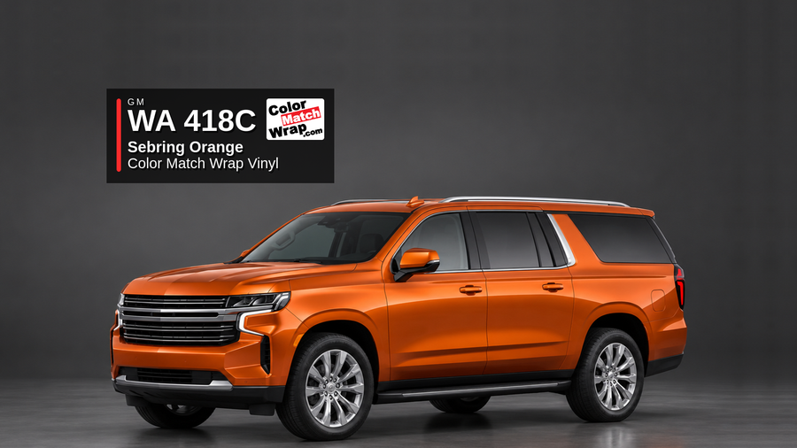 Illustrative Escalade-inspired full-size luxury SUV in GM WA 418C Sebring Orange Tintcoat with Color Match Wrap branding