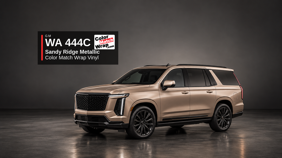 Illustrative Escalade-inspired full-size luxury SUV in GM WA 444C Sandy Ridge Metallic / Coppertino Metallic with Color Match Wrap branding